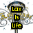 Animated icon with a lacrosse stick head and decorative swirls, displaying changing text in yellow on black backgrounds.