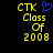 Yellow pixelated text 'CTK Class Of 2008' on black background with blue heart symbol above 'CTK', two versions shown side-by-side.