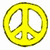 Yellow peace symbol with black outline, blue text 'Sarah', and red/pink hearts on white background.