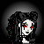 Pixel art contact sheet of a gothic character with black hair, red eyes, and green lips across three frames showing subtle animation changes against a dark gradient background.