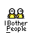 Animated contact sheet of 11 pixel art frames showing two yellow stick figures with changing expressions and poses, each labeled "I Bother People" below them on a gray background.