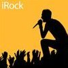 Silhouette of a person holding a microphone against a yellow background with raised hands below and 'iRock' text in the top-left corner.