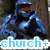 A split-screen image shows a blue-armored figure with a helmet on the left and a gray-armored figure on the right, with text overlays reading "church+" and "devin=" above a lower section with "LOVE" text over a blurred face.