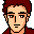 Pixel art of a character with reddish-brown hair and a red shirt, showing two facial expressions side-by-side.