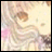 A 48x48 pixel animated buddy icon featuring a blurred anime-style character on the left and stylized text on the right against a black background.