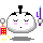 Pixelated character with closed eyes and pink cheeks holds a red building, then a checkered object, then two heart shapes against gray background.
