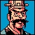 Pixel art portrait of a character with dark hair and mustache wearing a hat, checkered shoulder pattern, against solid blue background.