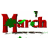 Red 3D text reading 'March' on white background with green clover-like shapes scattered across, animated to shift positions.