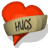 Red heart-shaped icon with beige banner reading 'HUGS' across middle, shadowed base on white background.