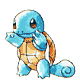 Three pixelated turtle-like creatures in blue and brown tones stand left, with four pixelated particle effects to the right showing color transitions from blue to brown to white.