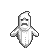 Pixelated white ghost icon with black outline, downturned mouth, closed eyes, and buttoned torso on solid gray background.