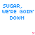 Animated contact sheet of a pixelated text-based icon showing sequential frame changes in the phrase "SUGAR, WE'RE GOIN' DOWN" with color variations on "DOWN" and small red X marks.