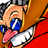 Pixelated close-up of a character with light brown hair, blue eyes, and an open mouth showing pink tongue against red background.
