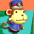 Pixelated monkey character in blue uniform with red accents, wearing a blue cap with a gold emblem, standing against a teal and orange background.