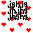 Pixelated red hearts float around a central black text block repeating 'jghjg' on white background.