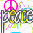 A yellow smiley face with dark eyes and a wide grin appears below a colorful 'peace' sign featuring a pink peace symbol.