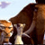 A pixelated image shows a person with light brown hair holding a white object near a large brown animal under a light blue sky.