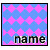 Pixelated icon with blue and pink zigzag pattern background, black border, and lowercase 'name' text at bottom.
