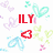 Pixelated icon with red 'ILY' text and a red heart symbol surrounded by pastel-colored abstract shapes on white background.