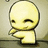 Pixelated yellow figure with closed eyes and a slight smile, standing against a beige background with red text overlay.