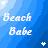 Pixelated blue background with white text reading 'beach Babe' and a small plus symbol in the bottom right corner.