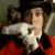 Pixelated static image of a person in historical attire holding a white object, with red and dark background elements.