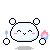 A 4-frame pixel art animation of a white bear-like mascot with round ears, pink/orange cheeks, and blue accents holding a small object that changes across frames.