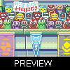Pixel art scene with multiple cartoon characters holding signs reading 'HIT EM HARD!' above a of banners and pillars