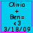 Blue background with pink border displays text 'Olivia + Ben= <3 3/18/09' in pixelated font, with one frame showing a pink pixel cluster on the right.