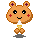 Pixelated orange hamster-like character with purple ear spots and red cheek marks holding a white-and-yellow ice cream cone, shown in multiple expressions against gray background.
