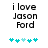 Pixelated text reads 'i love Jason Ford' above five cyan puzzle pieces on white background, with one puzzle piece changing color between frames.