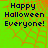 Green background with orange spiderweb pattern and dark blue text reading 'Happy Halloween Everyone!' in pixelated font.