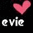 Two side-by-side pixelated heart icons with 'evie' text below, one white and one pink on black background.