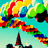 Pixelated static image with vibrant multicolored shapes against a light blue background, featuring red, yellow, green, and dark tones in abstract patterns.