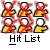 Static pixel art icon showing a grid of six stick-figure characters with red limbs and yellow bodies, some in motion poses, above the text "Hit List" on gray background.