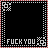 Pixelated of identical black square icons with red and white borders, each displaying 'FUCK YOU' text in red at the bottom