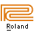 Pixelated orange maze-like shape above black and white text reading 'Roland' on gray background.