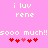 Pixelated pink background with white text and red hearts, displaying 'i luv rene sooo much!!' in two identical mirrored sections.