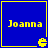 Blue square with yellow border containing 'Joanna' text and a pixelated Pac-Man-like icon in the bottom-right corner.