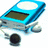 Blue digital music player with white circular button and brown screen, connected to black-and-white earbuds on a white background.