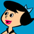 Pixelated cartoon character with black bob haircut and blue bow, pink lips, light skin tone, against solid blue background.