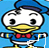 Pixelated cartoon duck with blue sailor hat, red bow tie, and yellow beak stands against light blue background.