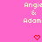 Pixelated text 'Angie & Adam' in light yellow on bright pink background with red pixel heart below.