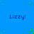 Blue background with repeated 'Lizzy!' text in dark blue, scattered green dots, and a gray rectangle at bottom right.