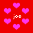 Red background with pink heart shapes and white text reading "joe" in multiple locations.