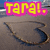 Pixelated image with bold yellow text 'TARAL!' in pink outline above a curved dark shape on a brown background.