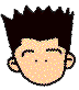 Pixelated cartoon head with spiky black hair, closed eyes in first frame, open mouth in second frame, and open eyes in third frame against gray background.