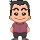 Pixel art character in maroon shirt and dark pants with varying facial expressions across three