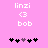 Pixelated pink background with white text 'linzi', '<3', and 'bob' above a of black and purple heart icons, where the third icon shifts from purple to black between frames