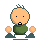 Pixelated cartoon character with orange skin, green shirt, and dark teal limbs in six sequential poses showing eye expression changes from small dots to large white circles.